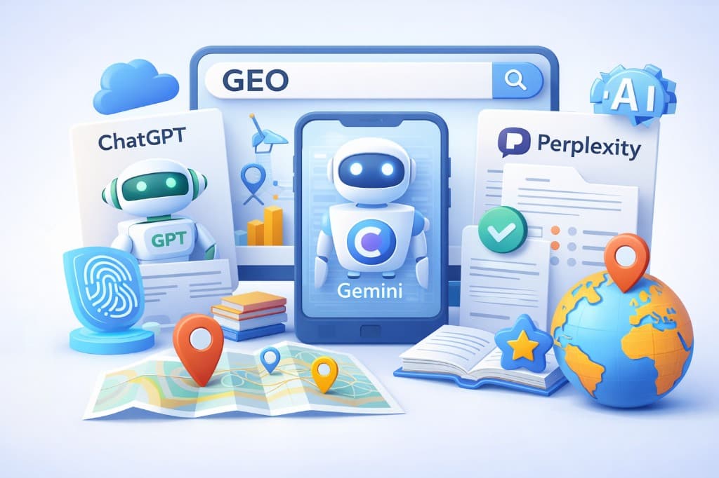 GEO: yapay zekâ arama yüzeyleri, sohbet ve bilgi katmanını temsil eden illüstrasyon