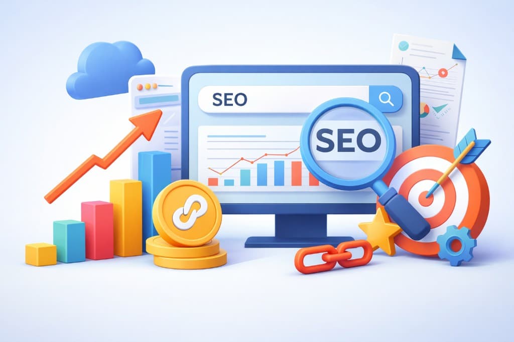 SEO: arama, veri panosu ve organik büyümeyi temsil eden illüstrasyon