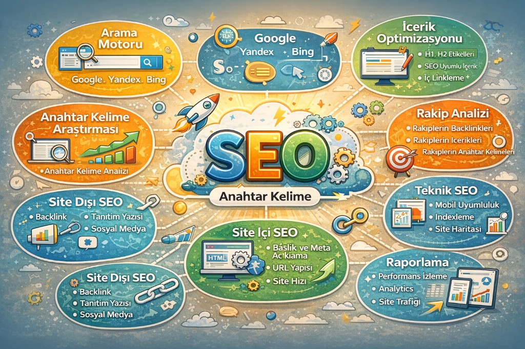 SEO konu haritası: merkezde arama niyeti ve içerik optimizasyonu, site içi SEO ve arama motoru bileşenlerini gösteren infografik özet