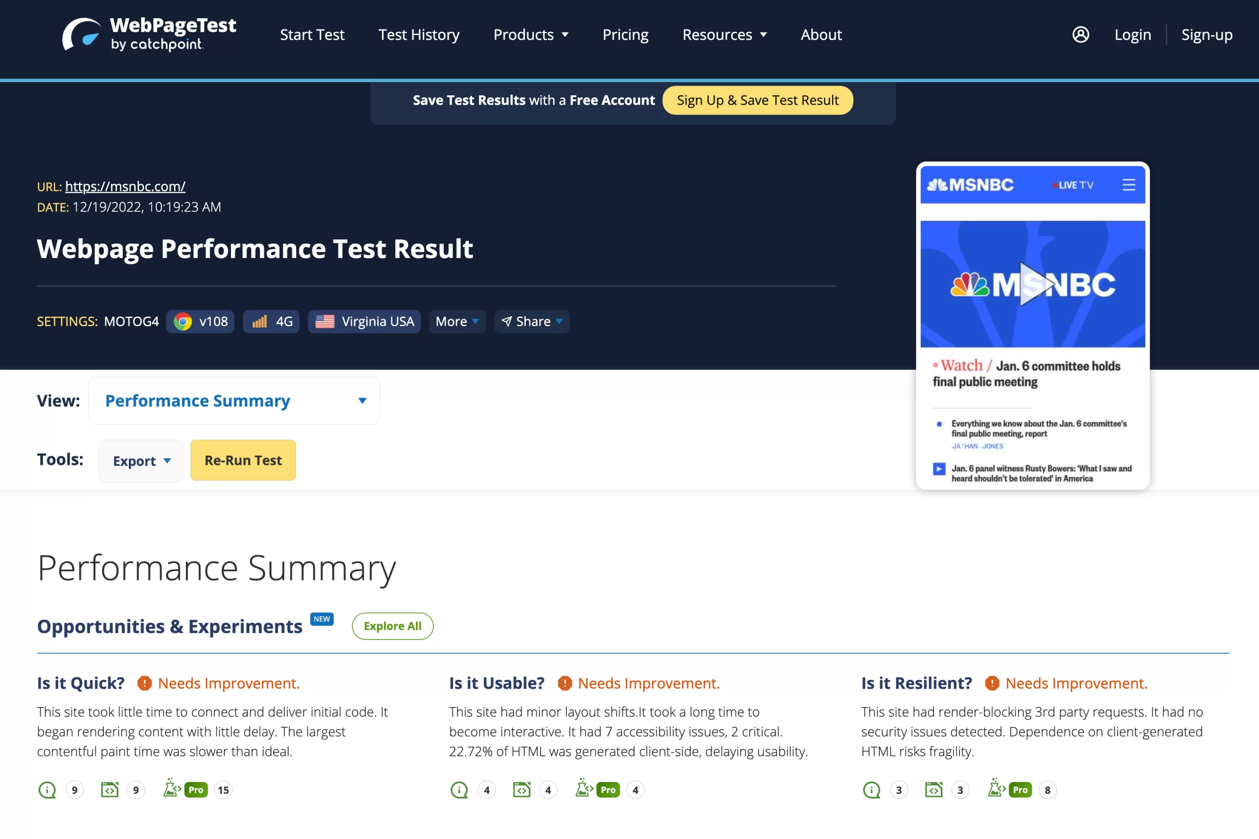 WebPageTest sonuç ekranı.