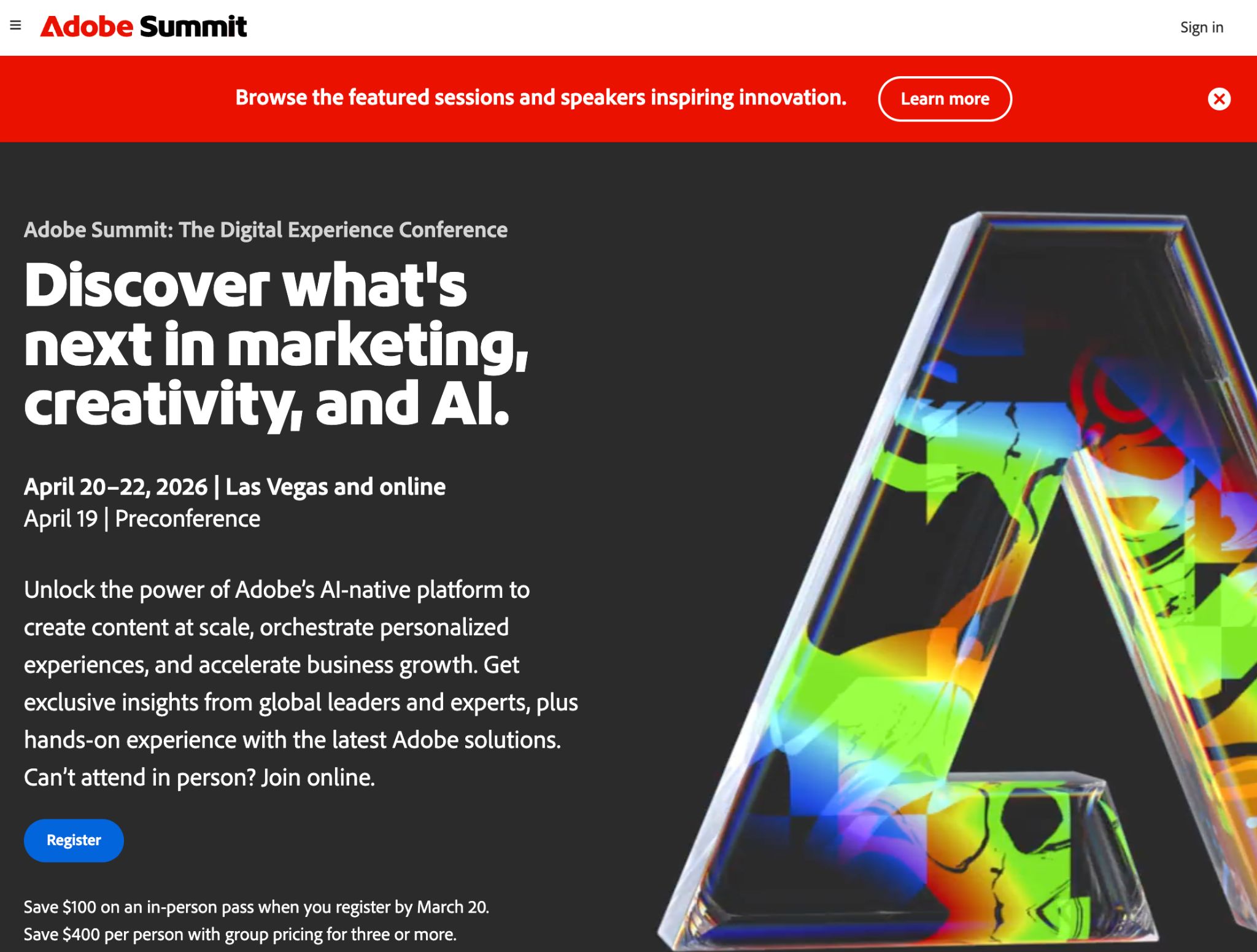 Adobe Summit sitesi: pazarlama, yaratıcılık ve yapay zekâ teması, Nisan 2026 tarihleri