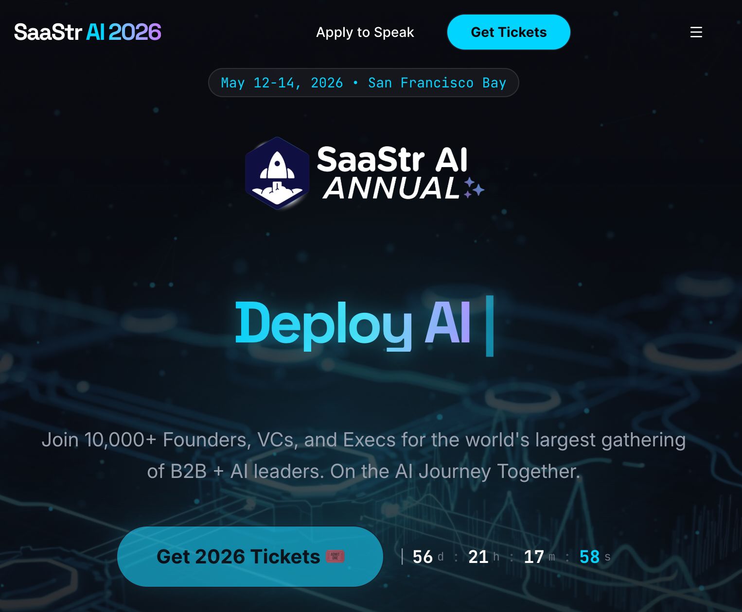 SaaStr AI 2026 etkinlik sayfası, tarih ve bilet çağrısı