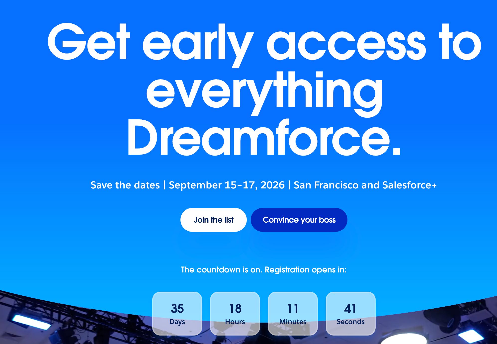 Dreamforce erken erişim ve geri sayım ekranı