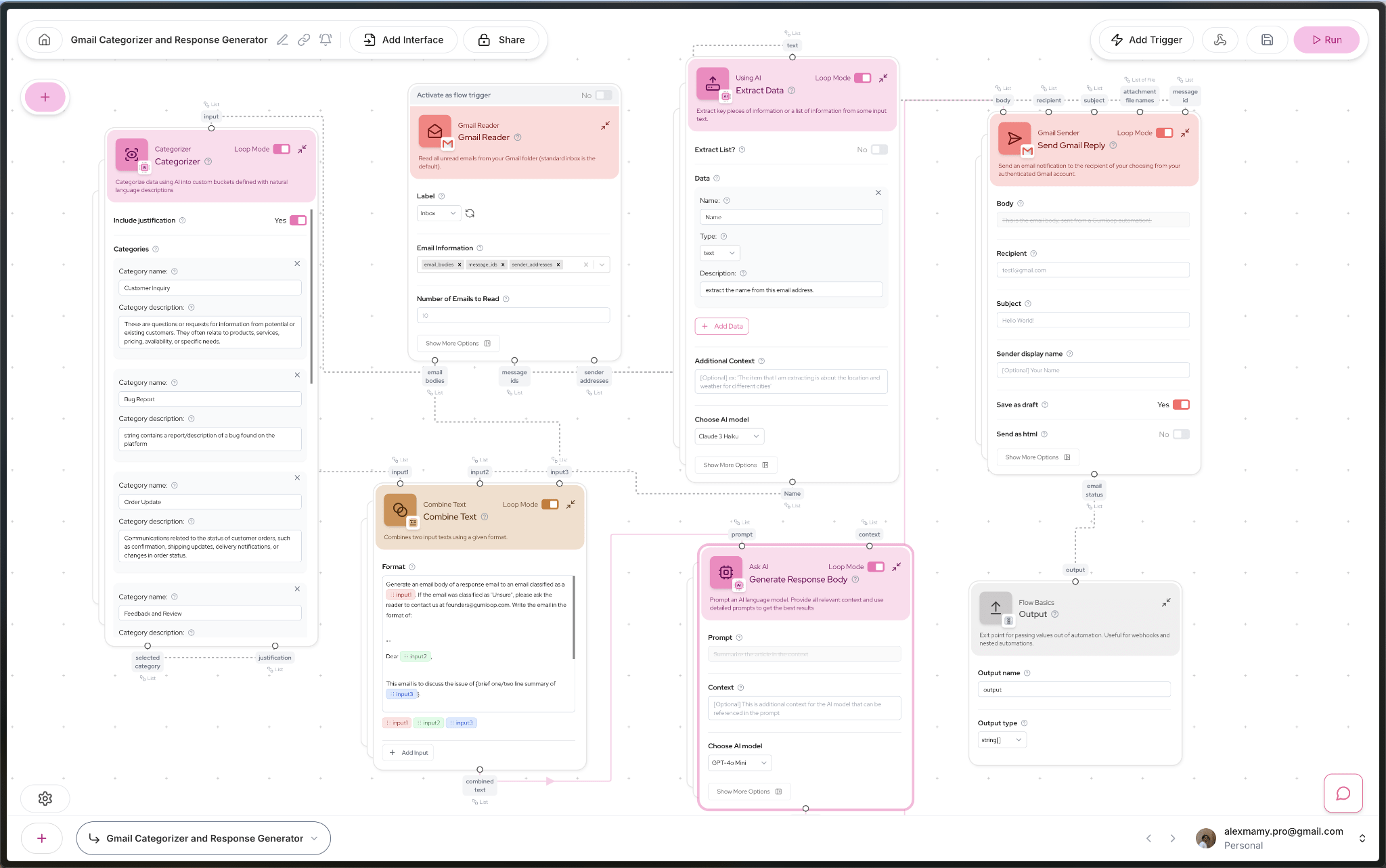 Gmail kategorilendirici ve otomatik yanıt akış şeması