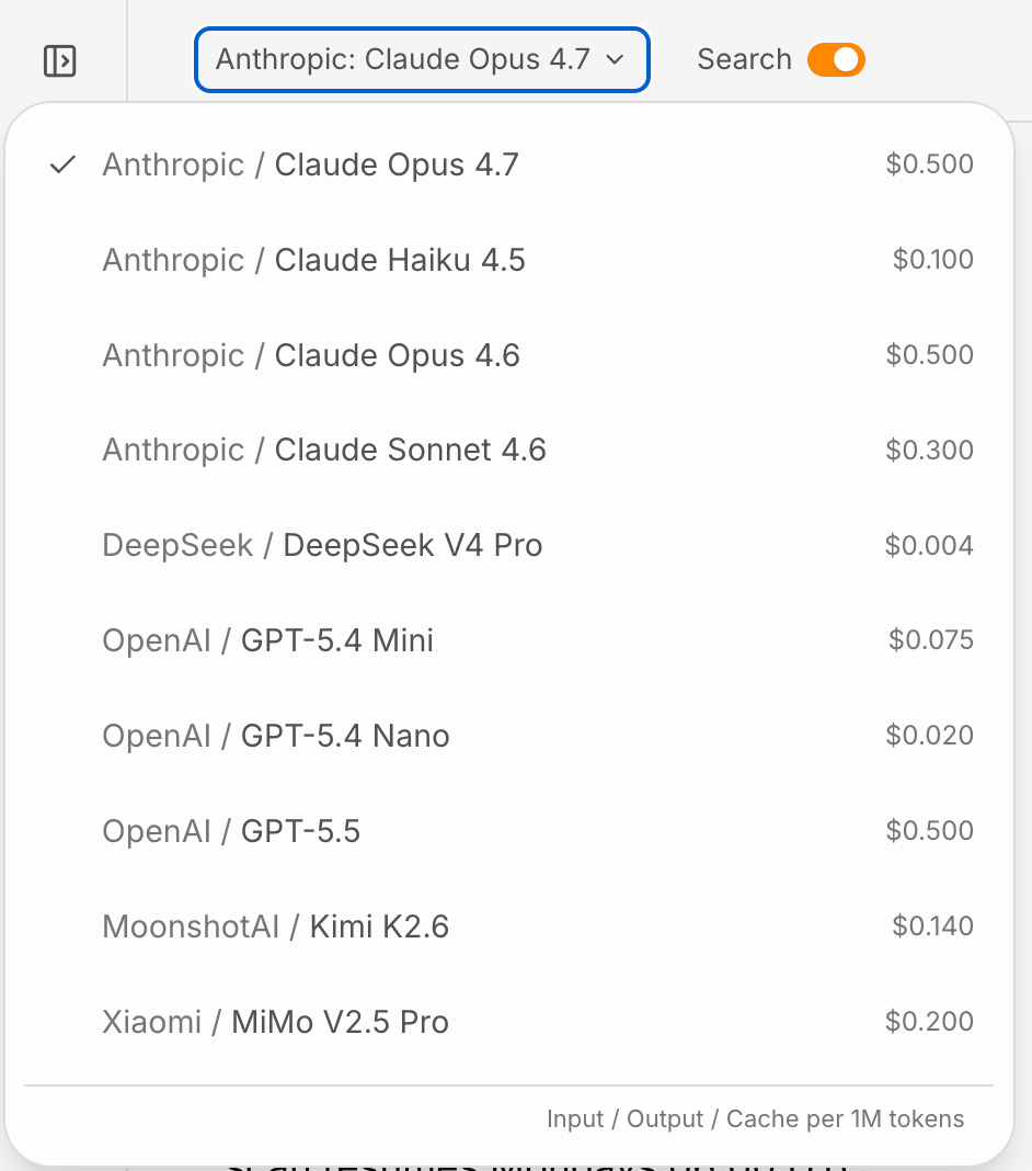 Yapay zeka modelleri açılır listesi