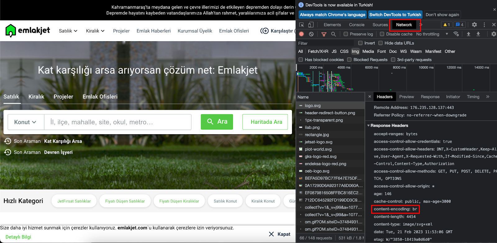 Chrome DevTools — Content-Encoding br başlığı.