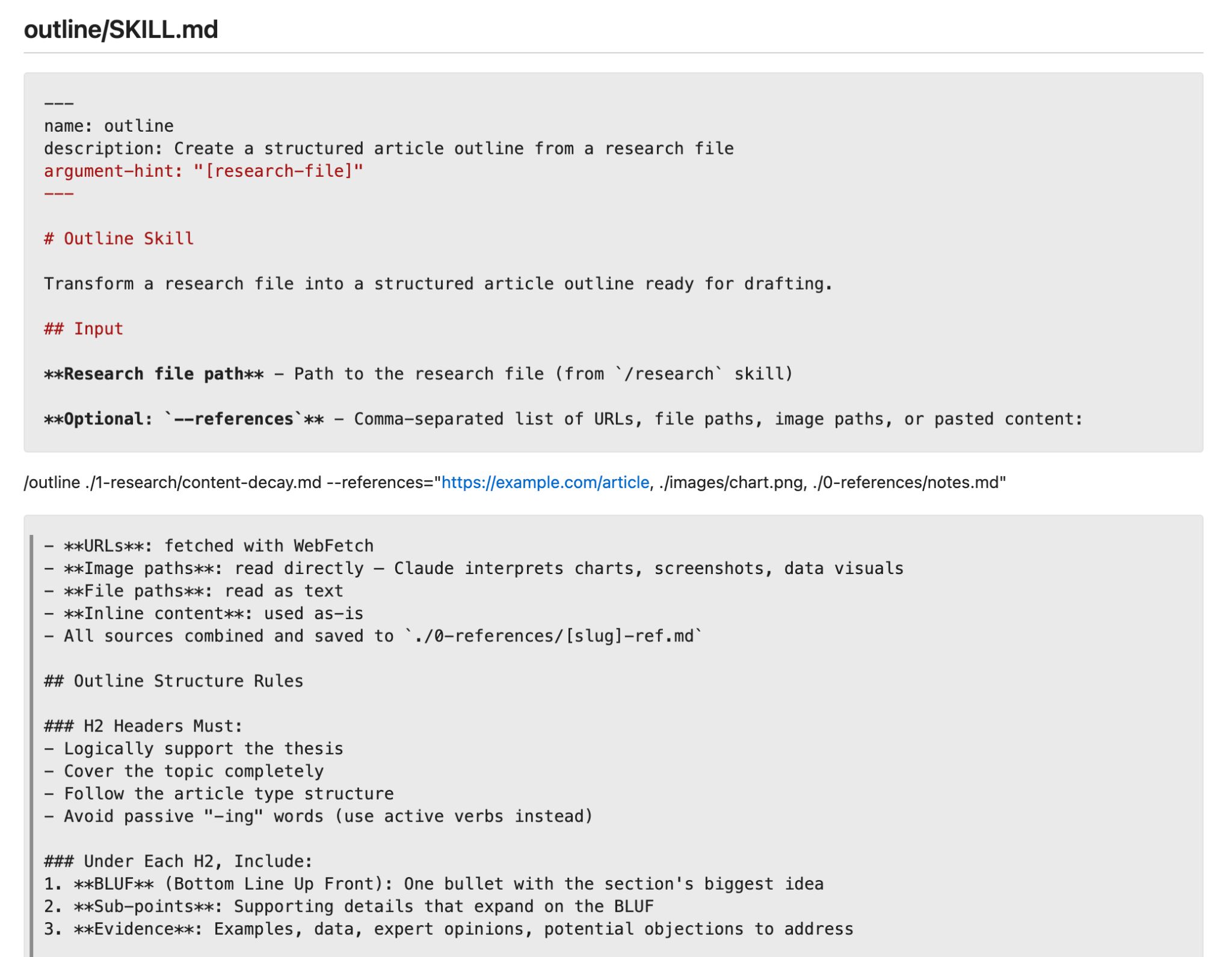 Bir SKILL.md dosyasının içeriğini gösteren Markdown dokümanı ekran görüntüsü