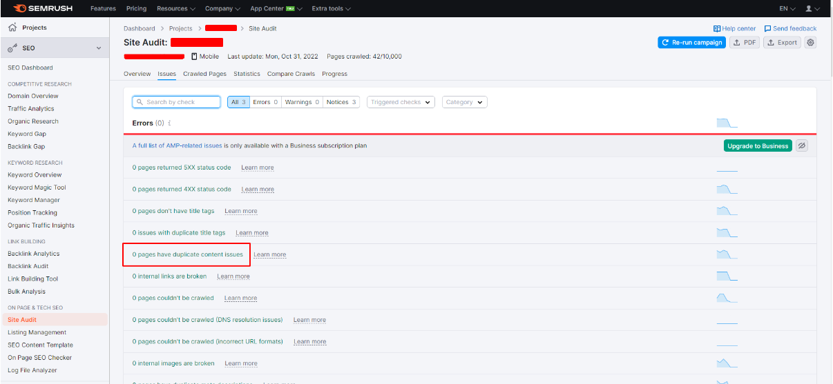 Semrush Site Audit arayüzü