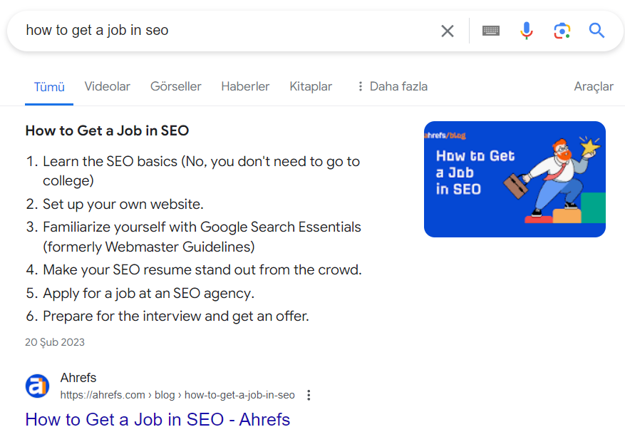 Liste biçiminde featured snippet örneği.