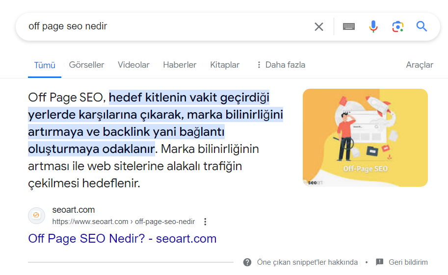 Google arama sonuçlarında paragraf featured snippet örneği.