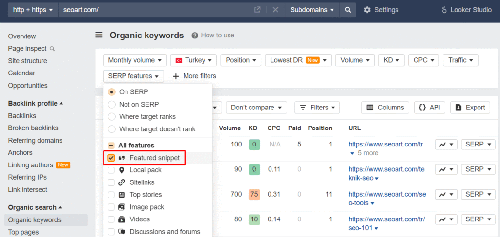 Ahrefs featured snippet özelliği filtresi örneği.