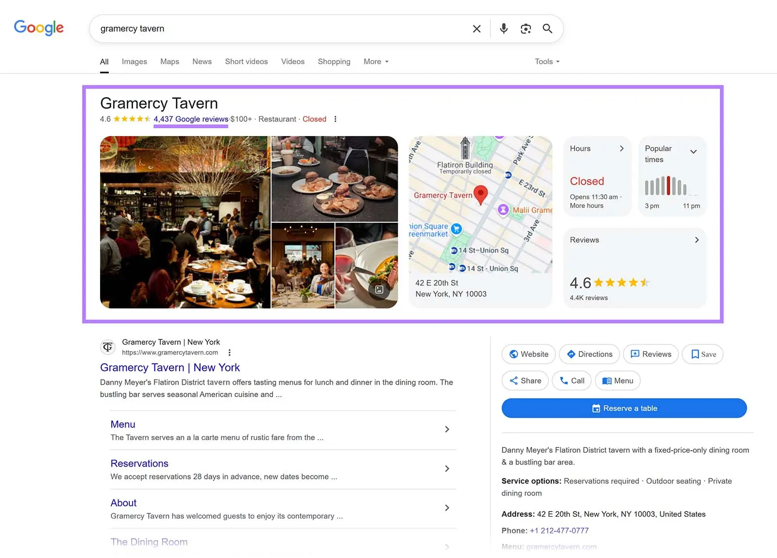 Google Arama sonuçlarında işletme profili kartı, yıldız puanı ve yorumlar bağlantısı — örnek arayüz