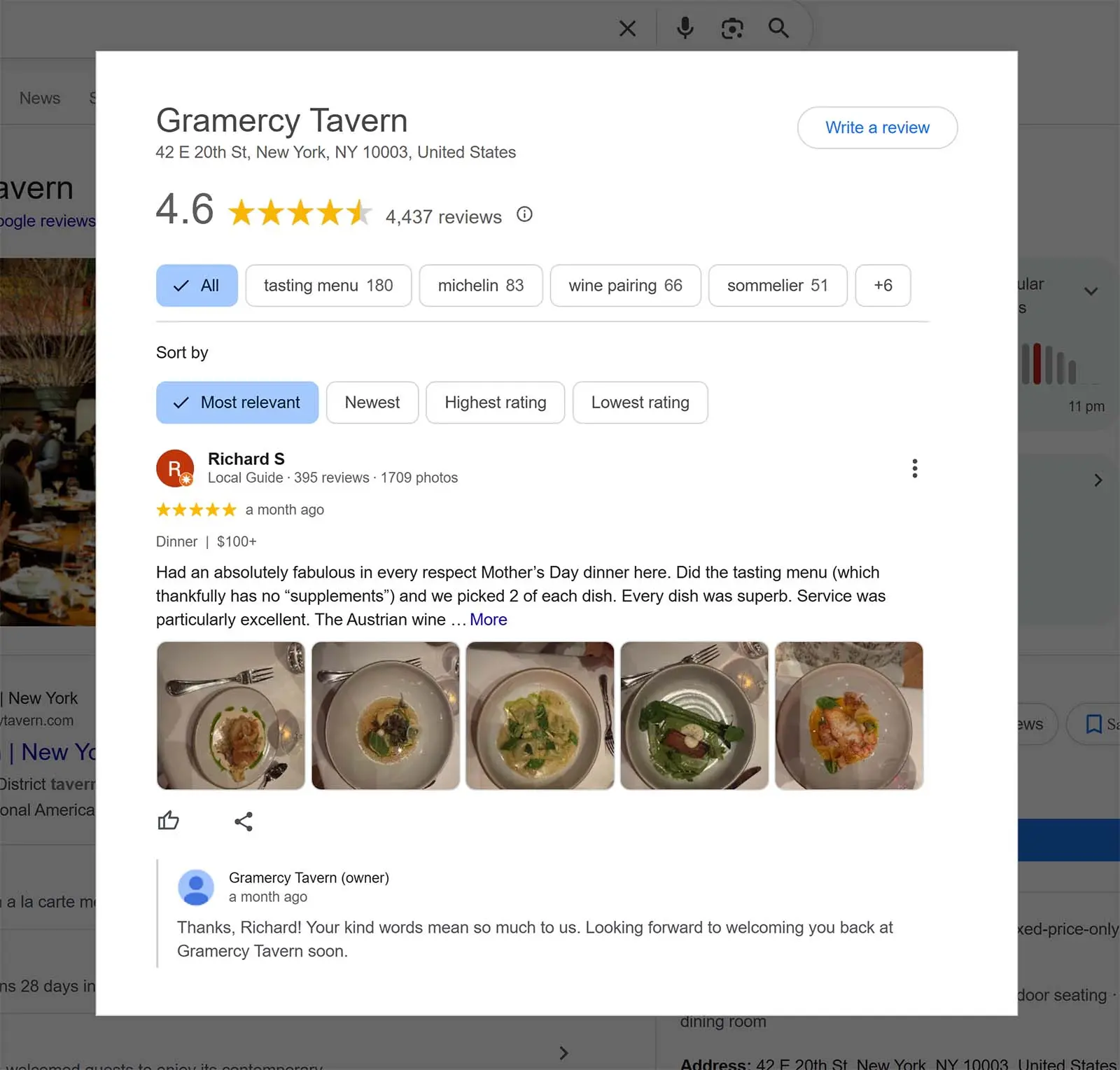 Google yorumlar paneli; filtreler, sıralama ve işletme yanıtı — örnek arayüz