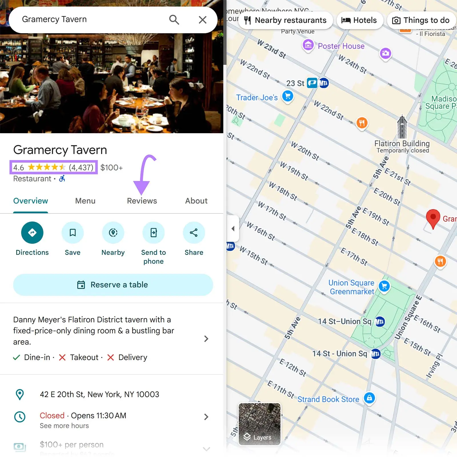 Google Haritalar işletme profili; Yorumlar sekmesi vurgulu — örnek arayüz