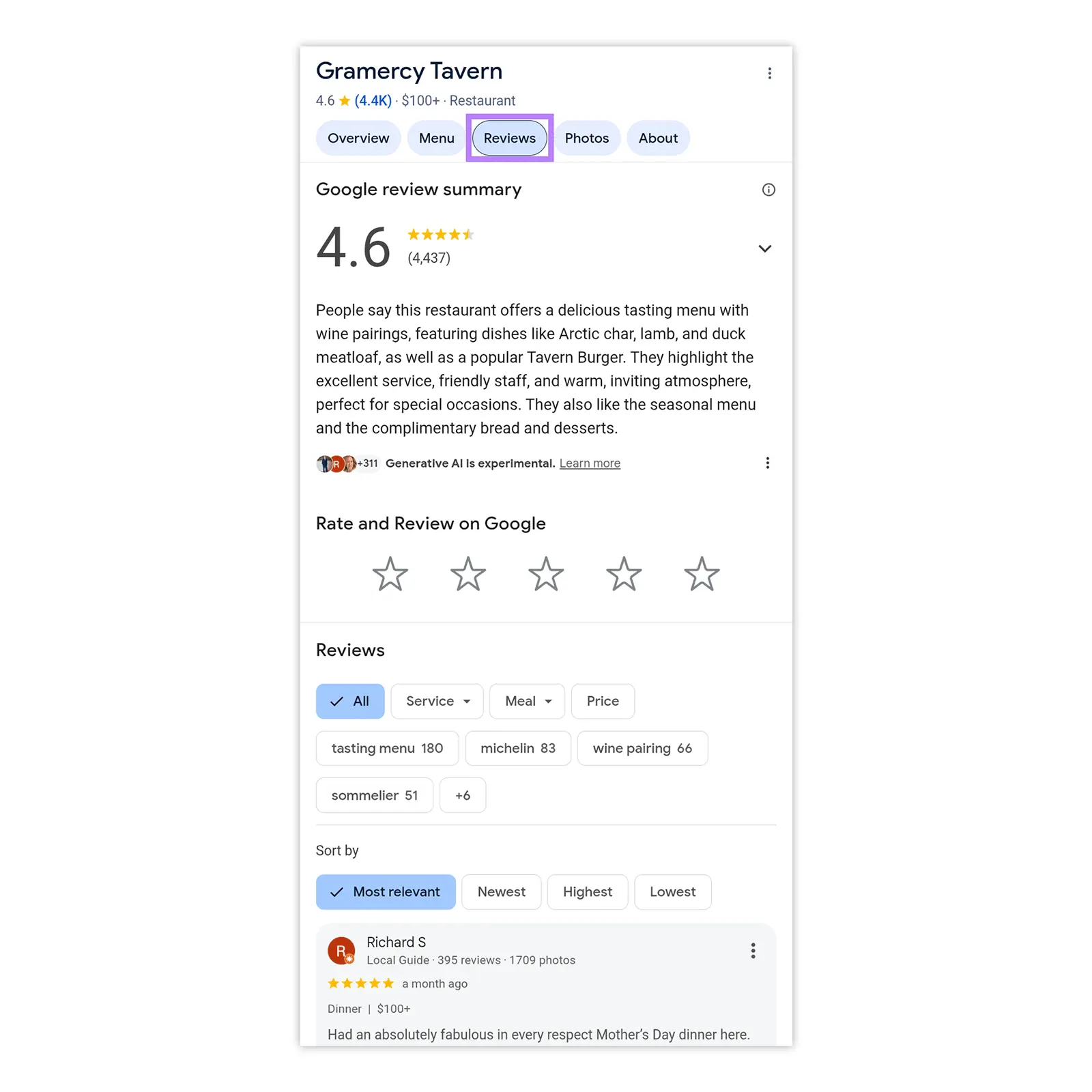 Mobil Google’da yorumlar sekmesi ve müşteri yorumları — örnek arayüz