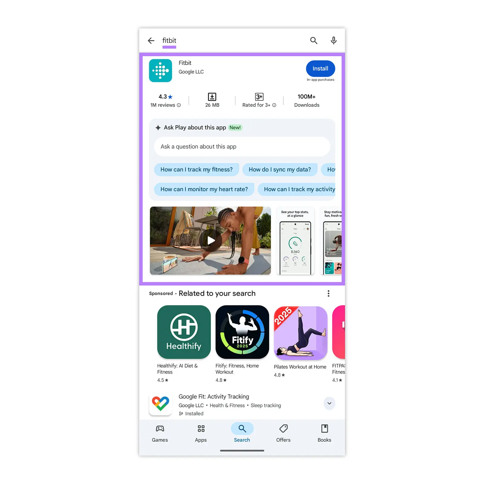 Google Play’de uygulama araması ve yıldız özeti — örnek arayüz