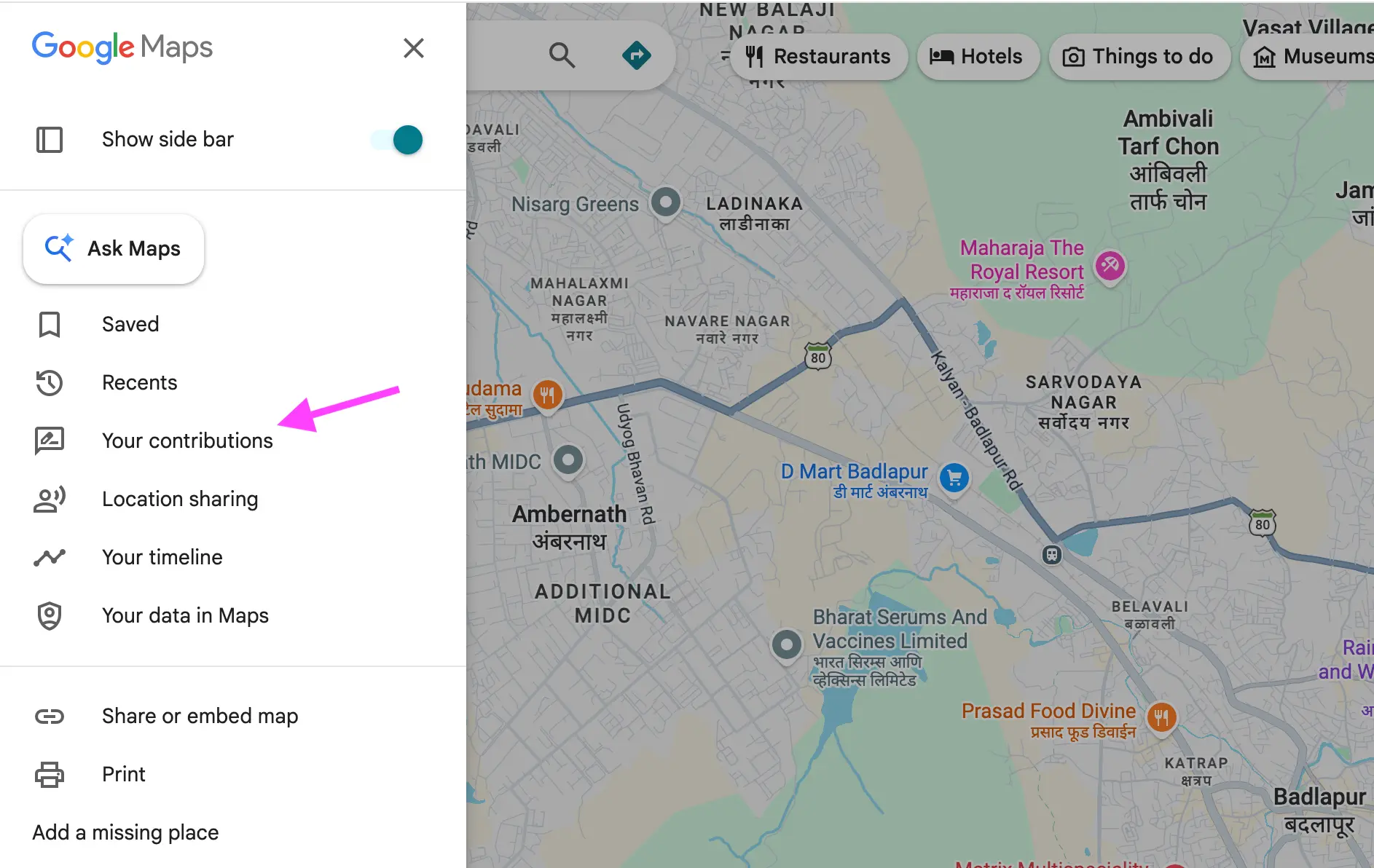 Google Haritalar menüsünde Katkılarınız bölümü — örnek arayüz