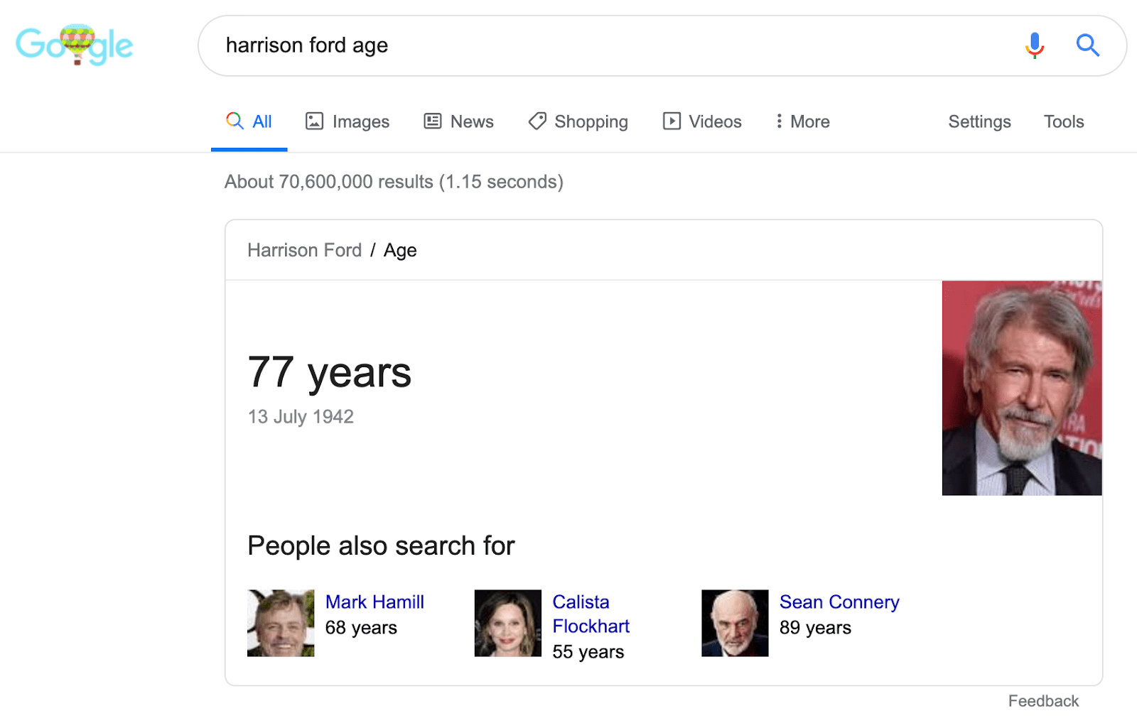 Harrison Ford yaşı Knowledge Card gösterimi
