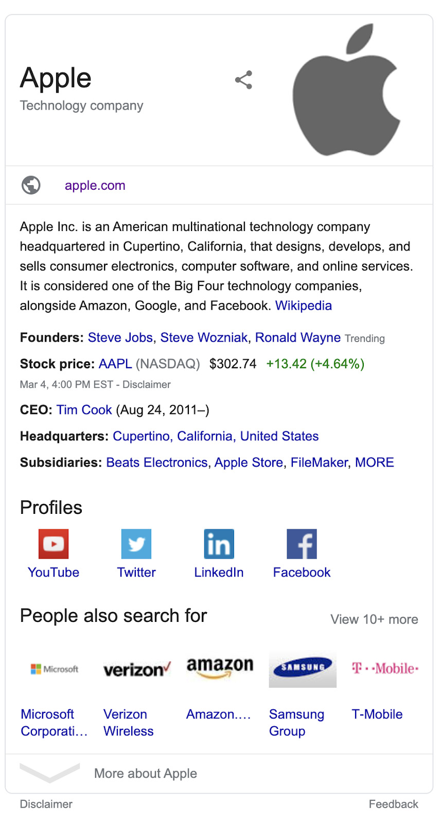 Apple markası için Google Knowledge Panel örneği