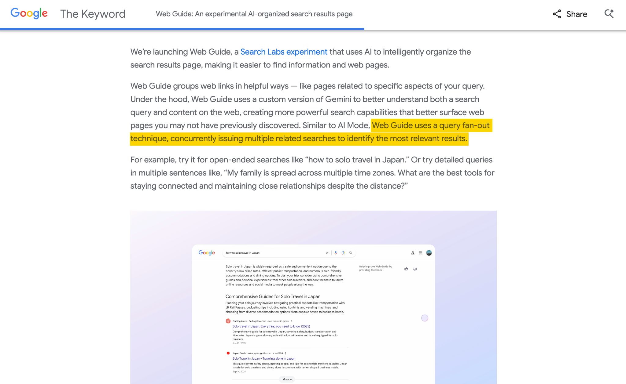 Google Web Guide yapay zeka arama deneyimini açıklayan makale ekran görüntüsü
