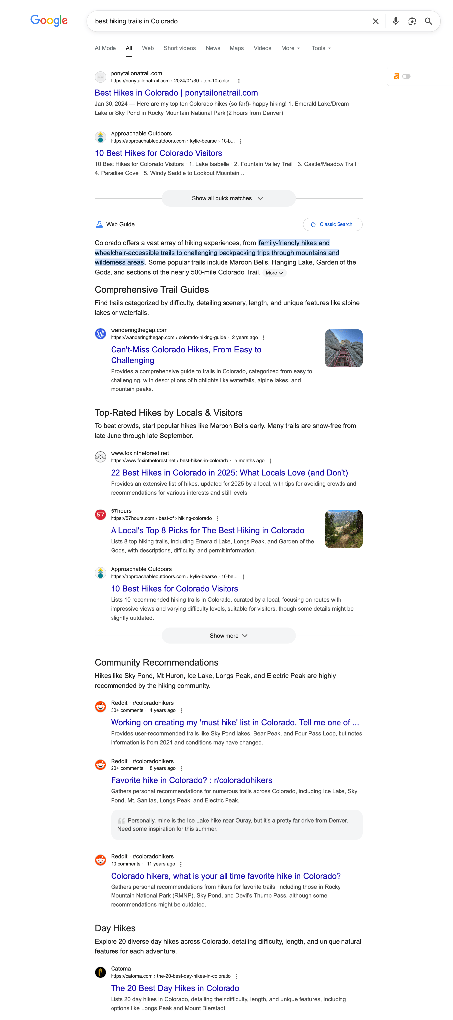 Colorado yürüyüş parkurları sorgusunda tematik Web Rehberi düzenine örnek