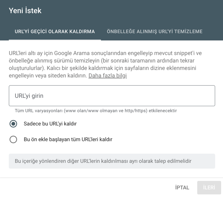 Search Console’da yeni URL kaldırma isteği oluşturma ekranı.
