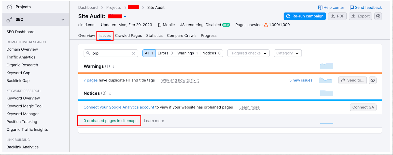 Semrush Site Audit ekranında orphan sayfa uyarısına örnek.