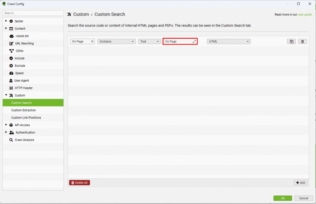 Screaming Frog Custom Search yapılandırması.