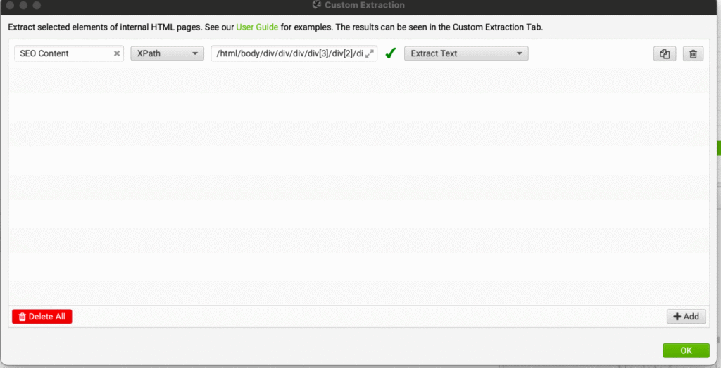 Screaming Frog Custom Extraction ekranı.