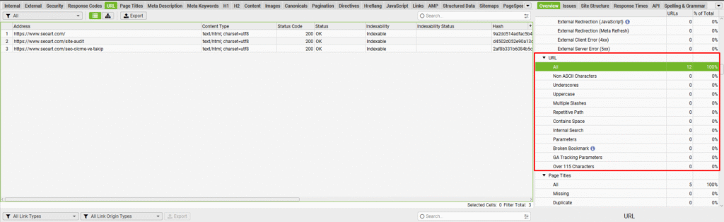 Screaming Frog URL sekmesinden ek URL sinyalleri.