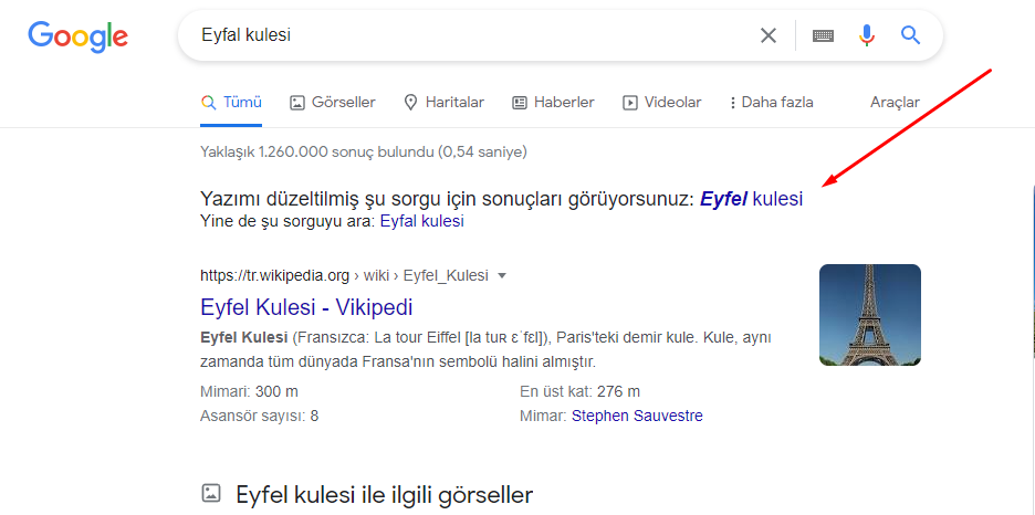 Yanlış yazılmış arama sorgusunda düzeltme ve sonuçların yine de alakalı gelmesi örneği.