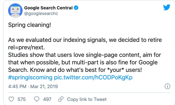 Google Search Central duyurusu — rel prev next etiketleri.