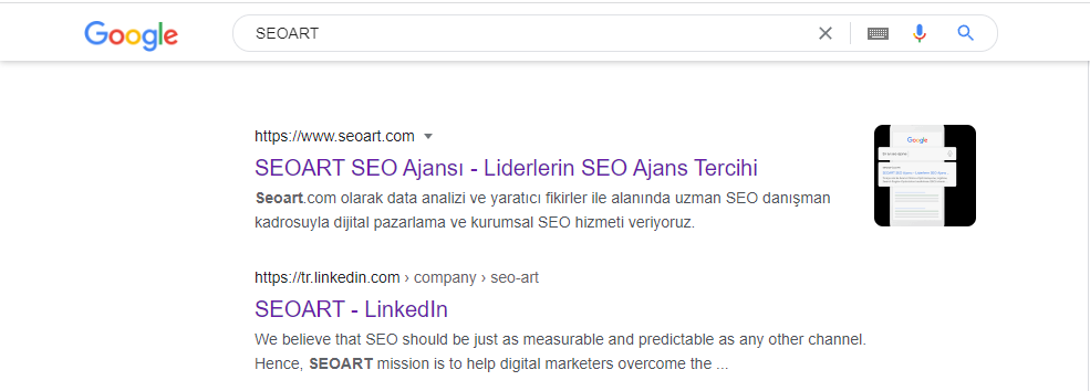 Marka aramasında web sitesinden sonra sosyal profil sonucunun listelenmesi örneği.