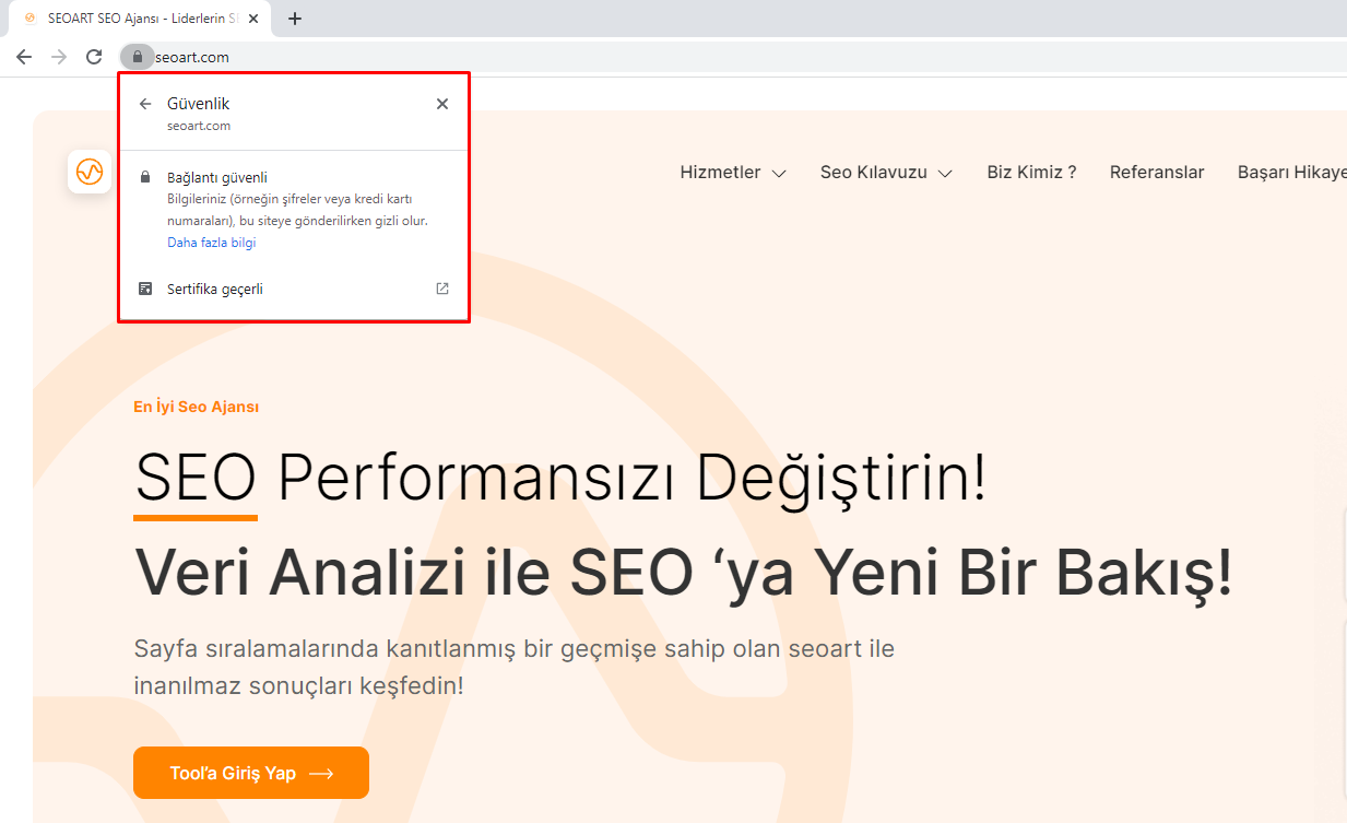 Güvenli değil uyarısı ve SSL eksikliğini gösteren tarayıcı örneği.