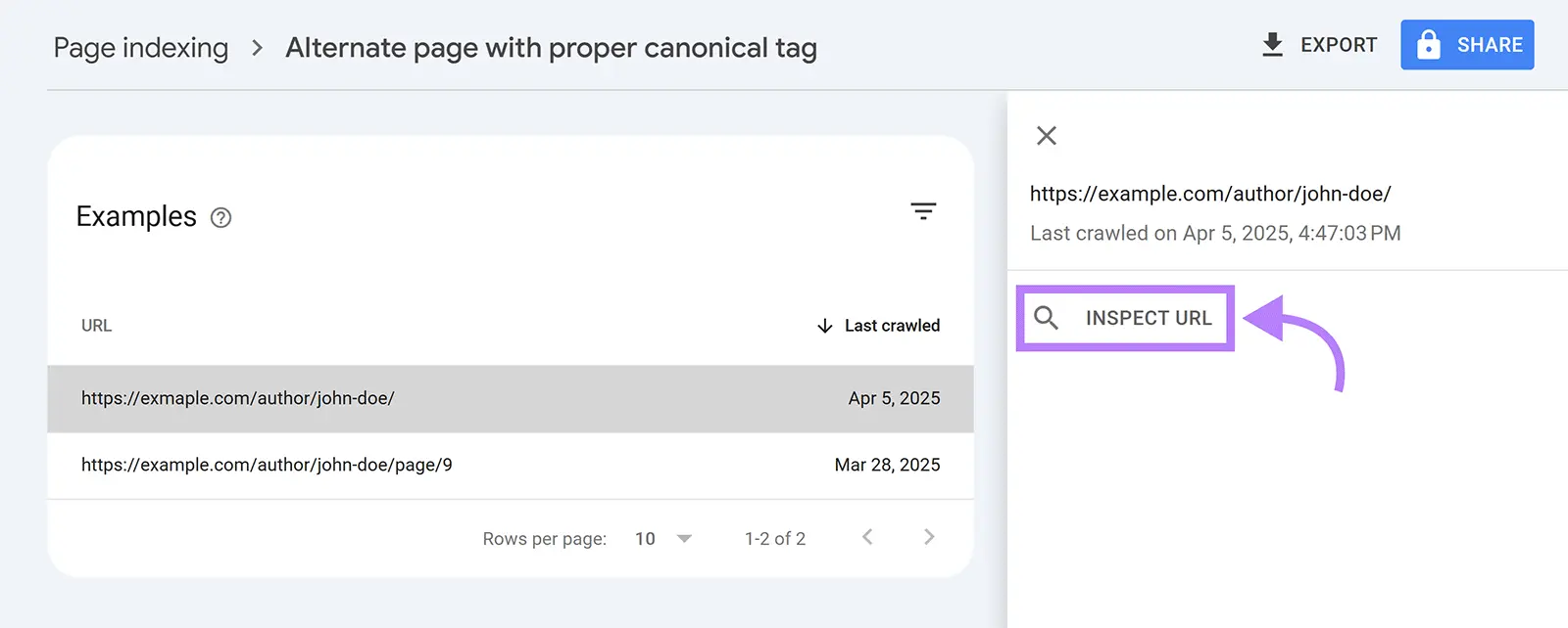 Search Console örnek URL listesinde URL’yi incele seçeneği