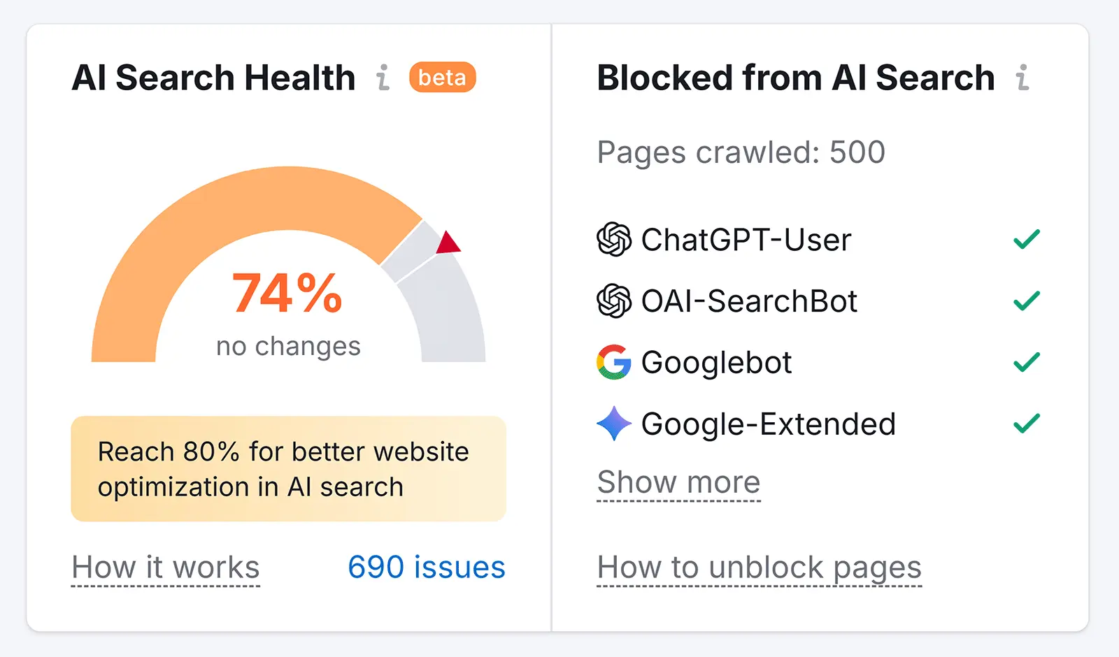 Yapay zekâ arama sağlığı panosunda bot erişim özeti