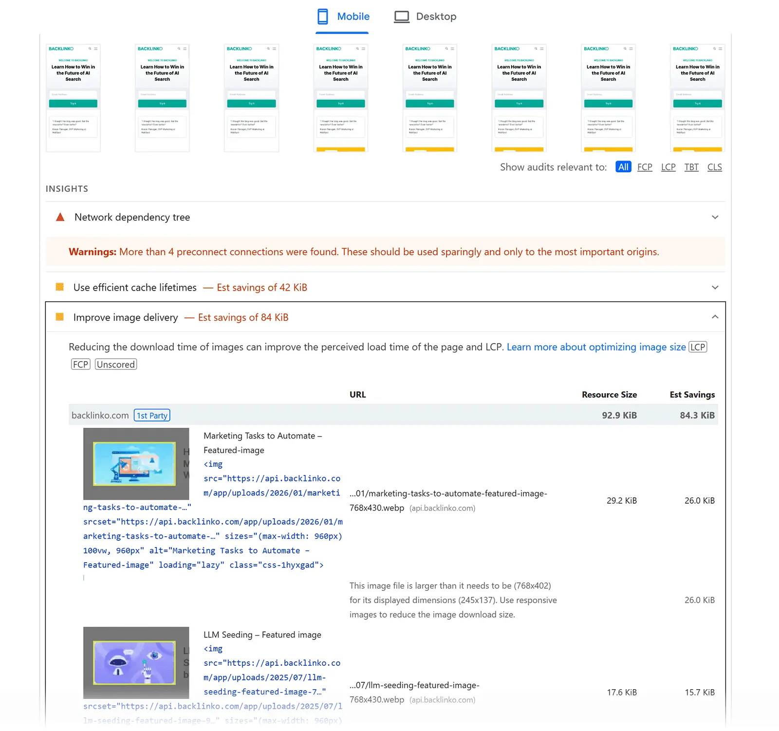 PageSpeed Insights teşhis bölümünde görsel ve önbellek önerileri