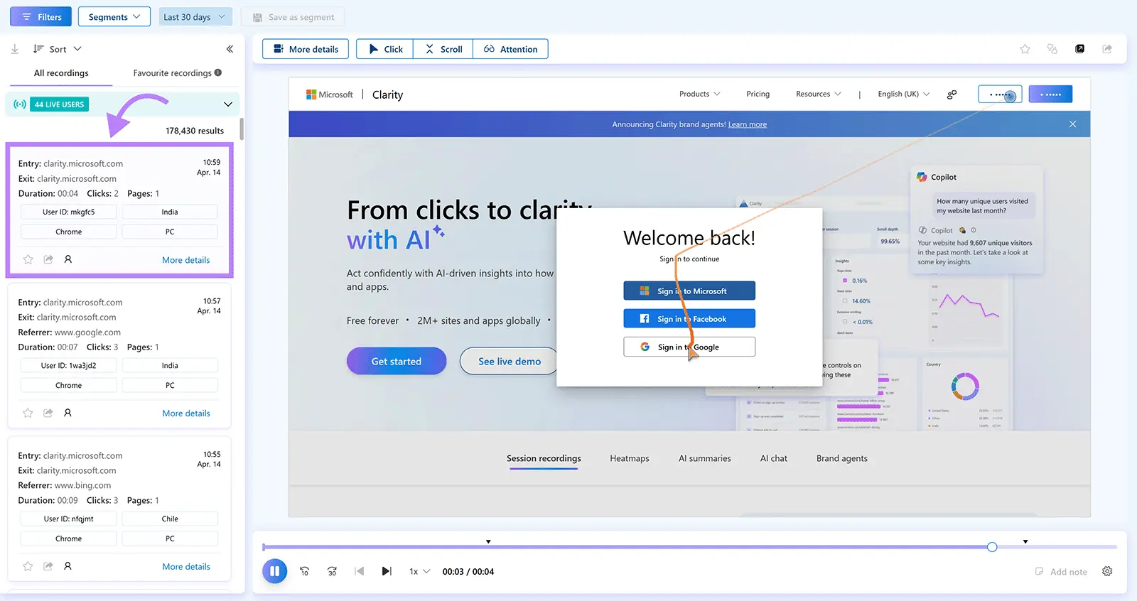 Clarity oturum kaydında tıklama ve kaydırma yolu