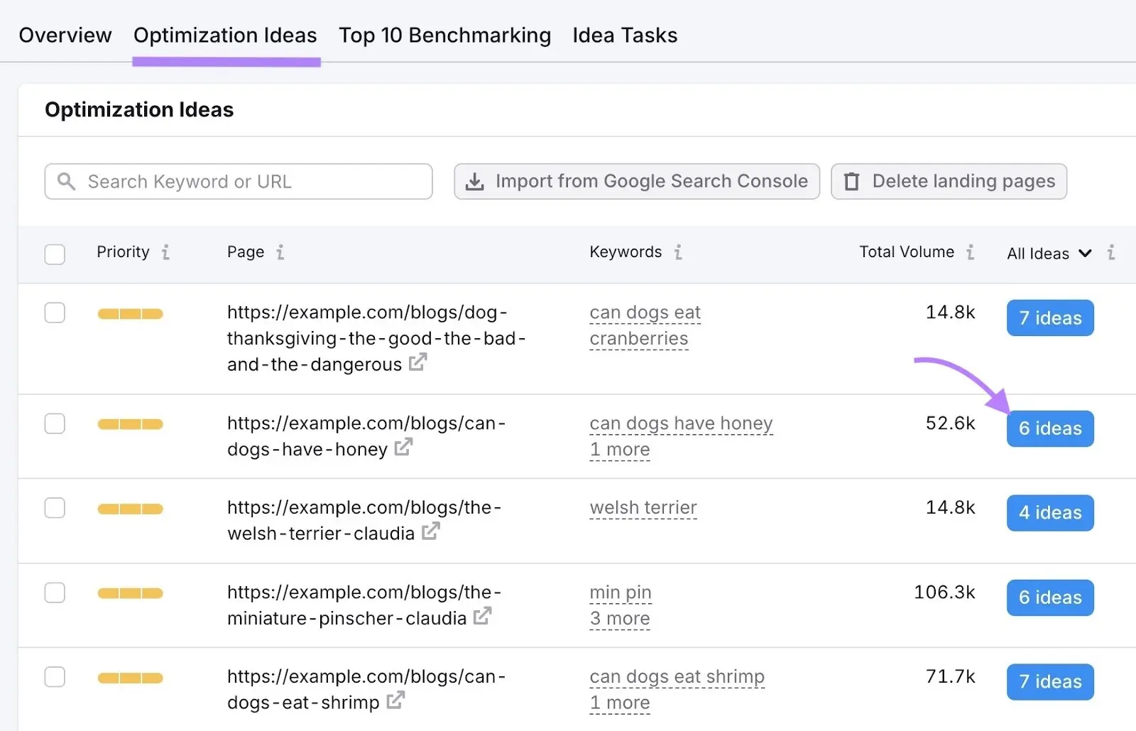 Sayfa bazlı optimizasyon önerileri listesi — örnek görünüm