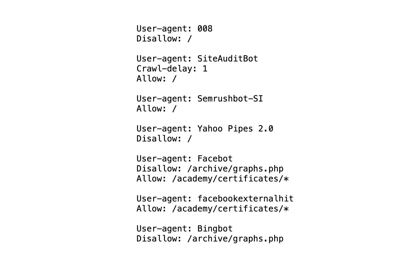 robots.txt dosyasında farklı botlar için kurallar — örnek görünüm