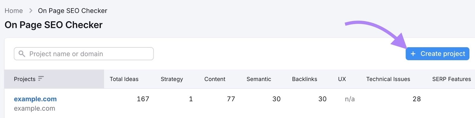 Sayfa içi SEO denetim aracında yeni proje oluşturma ekranı