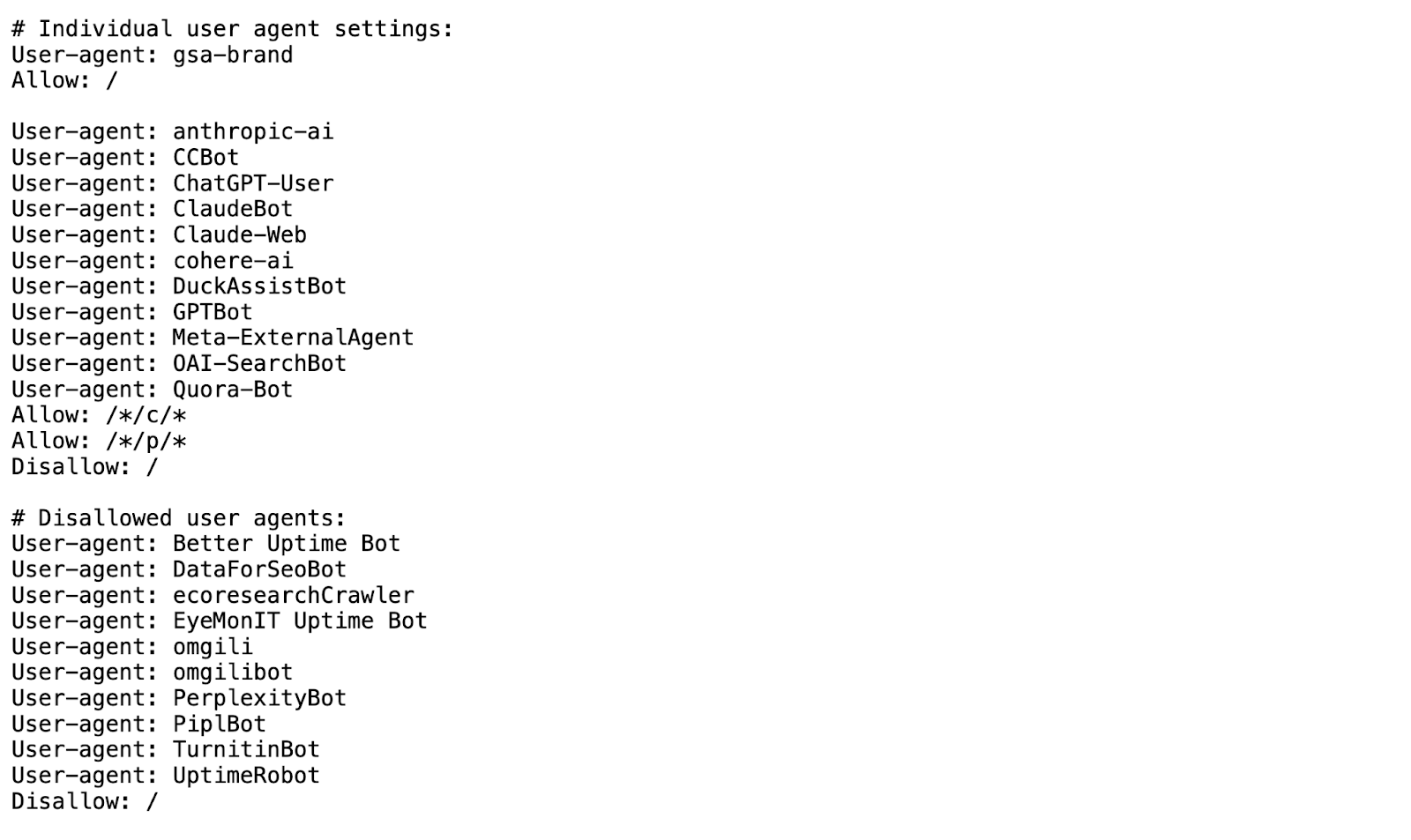 robots.txt örneğinde bazı AI tarayıcılarına izin, bazılarına engel
