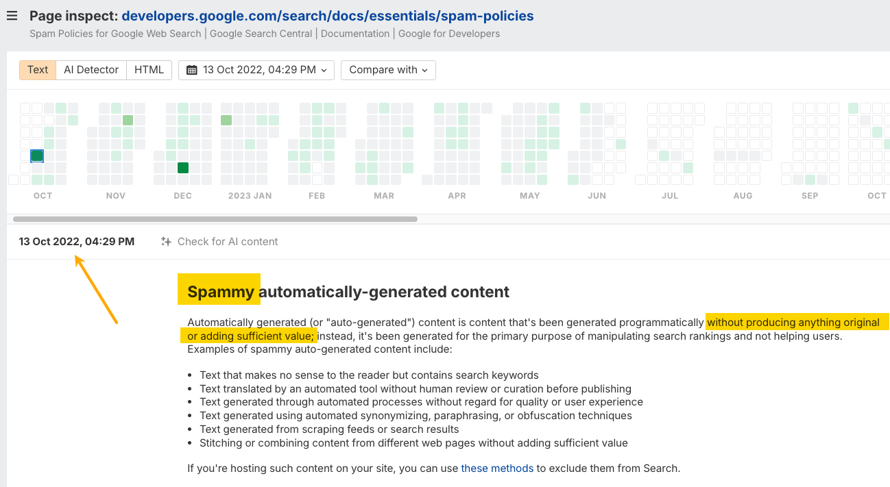 Google'ın spam politikaları sayfasından ekran görüntüsü