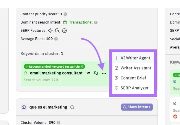 Keyword Insights: küme yanında içerik araçları kısayolları