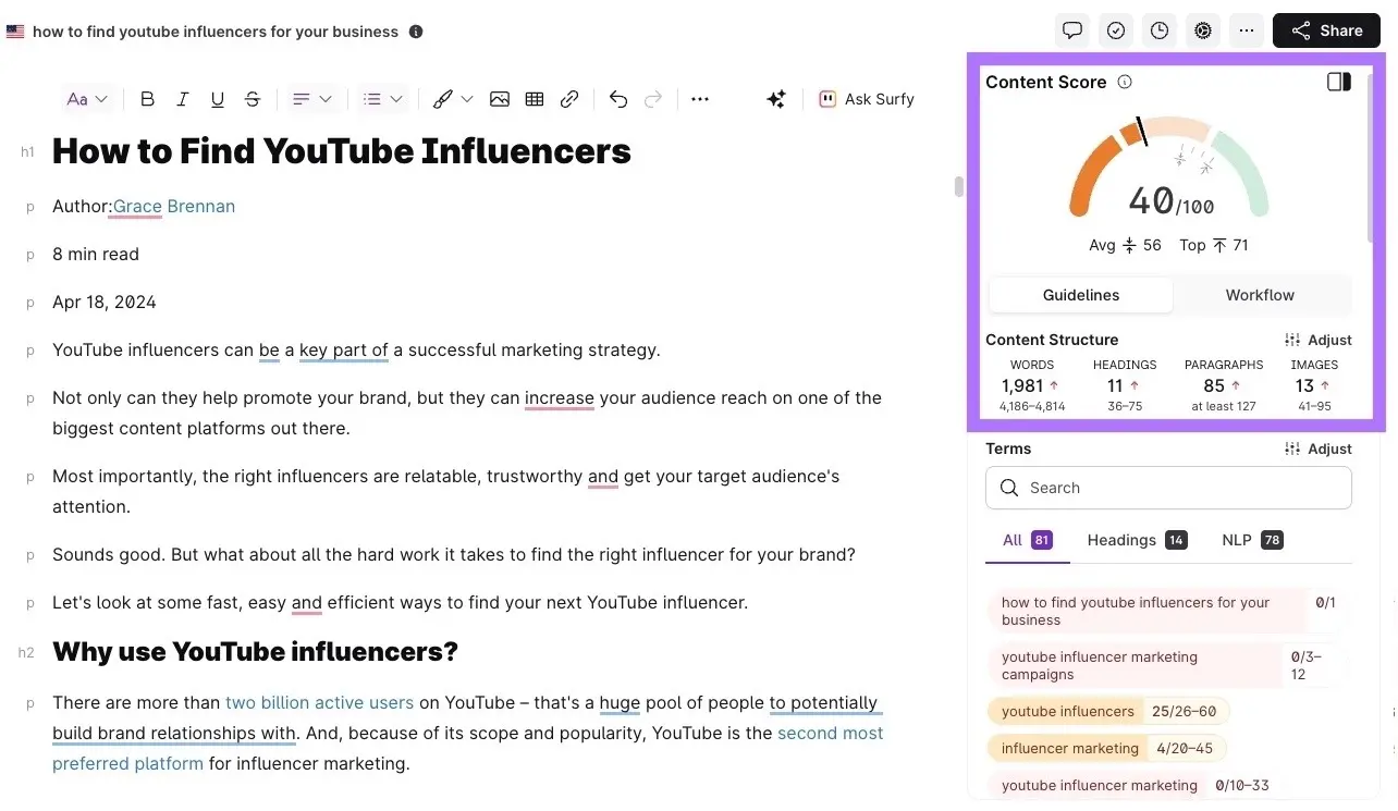 Surfer Content Score ve paragraf, görsel, başlık önerileri