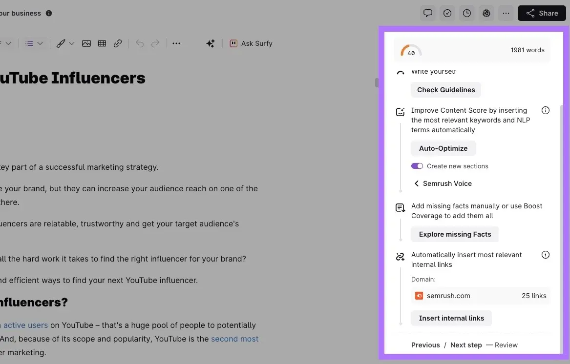 Surfer: Auto-Optimize, eksik gerçekler, iç bağlantı ekleme