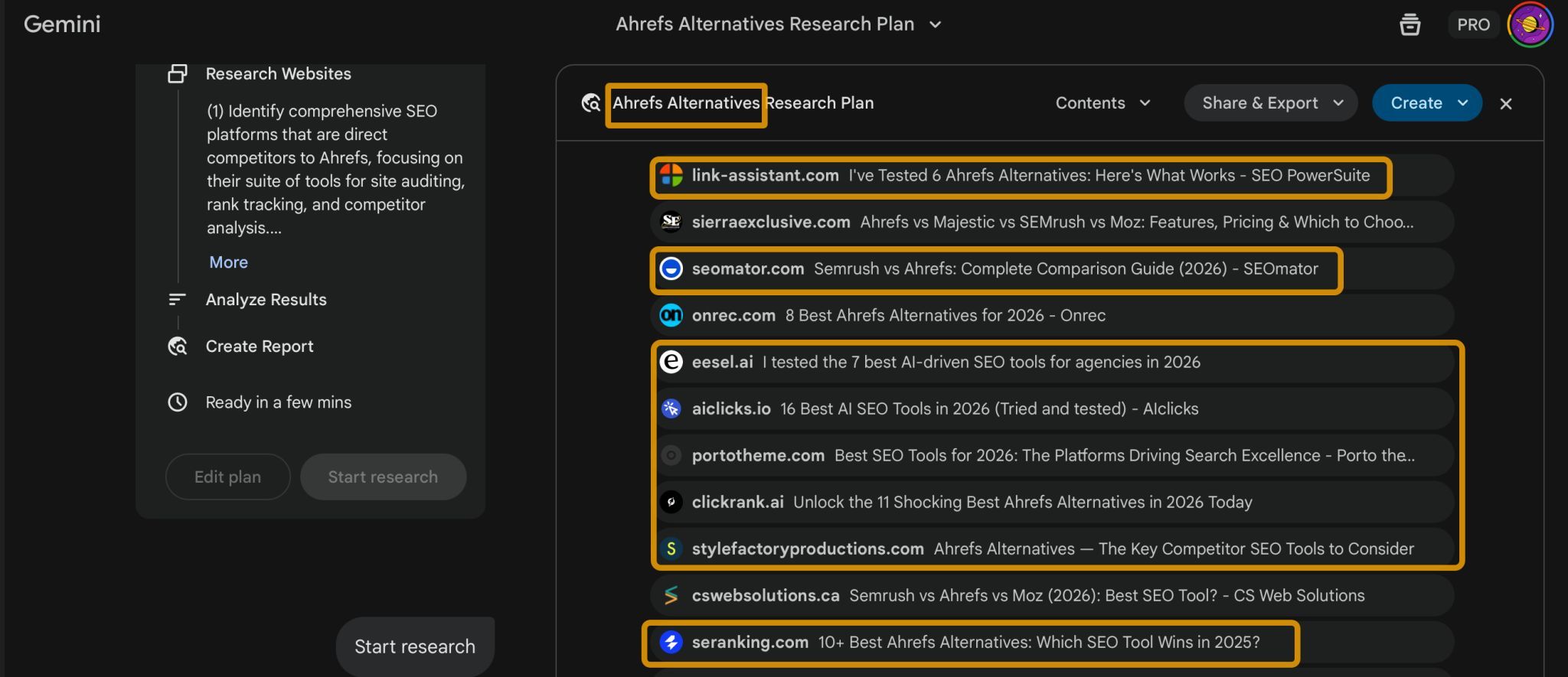 Araştırma planı ve site sonuçlarının listelendiği asistan arayüzü