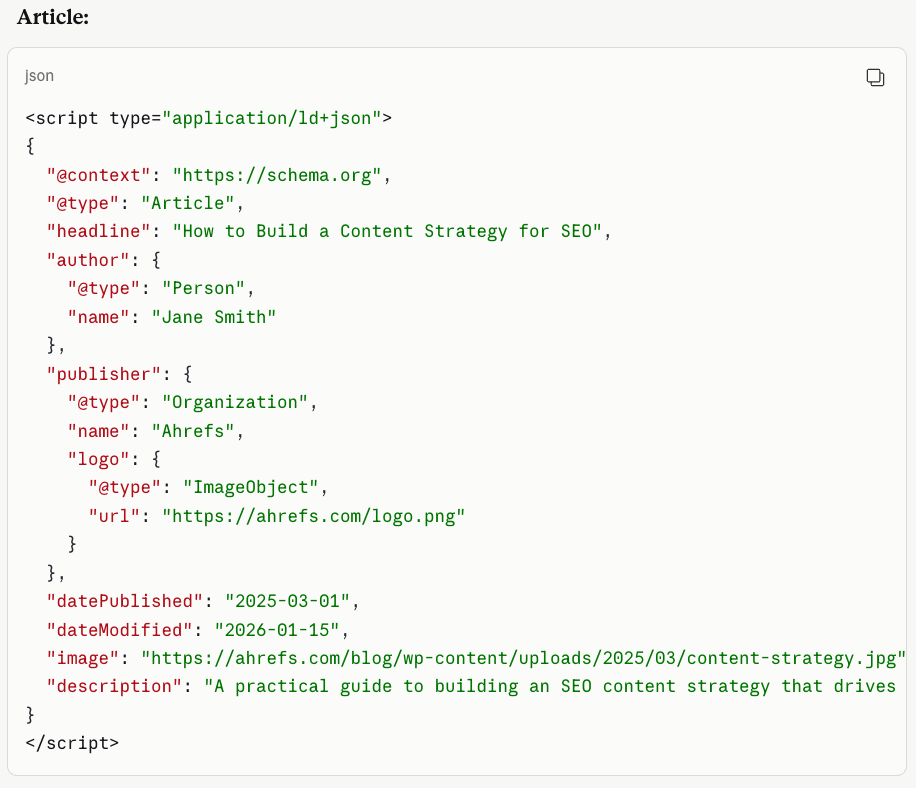 Article tipi için JSON-LD script bloğunda headline, image ve publisher alanlarının örnek doldurulması.