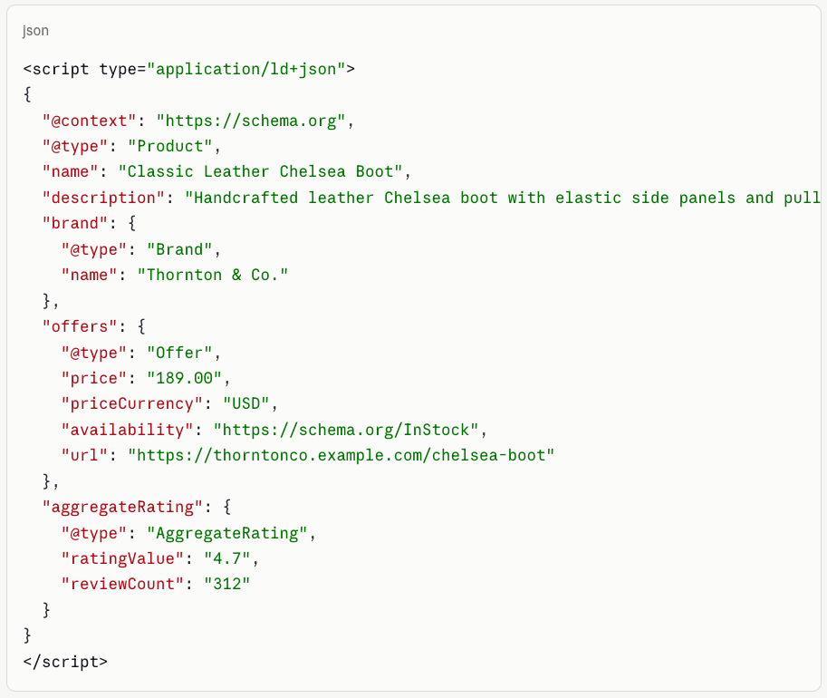 Product tipi için JSON-LD içinde offers ve görsel alanlarının tanımlanması örneği.