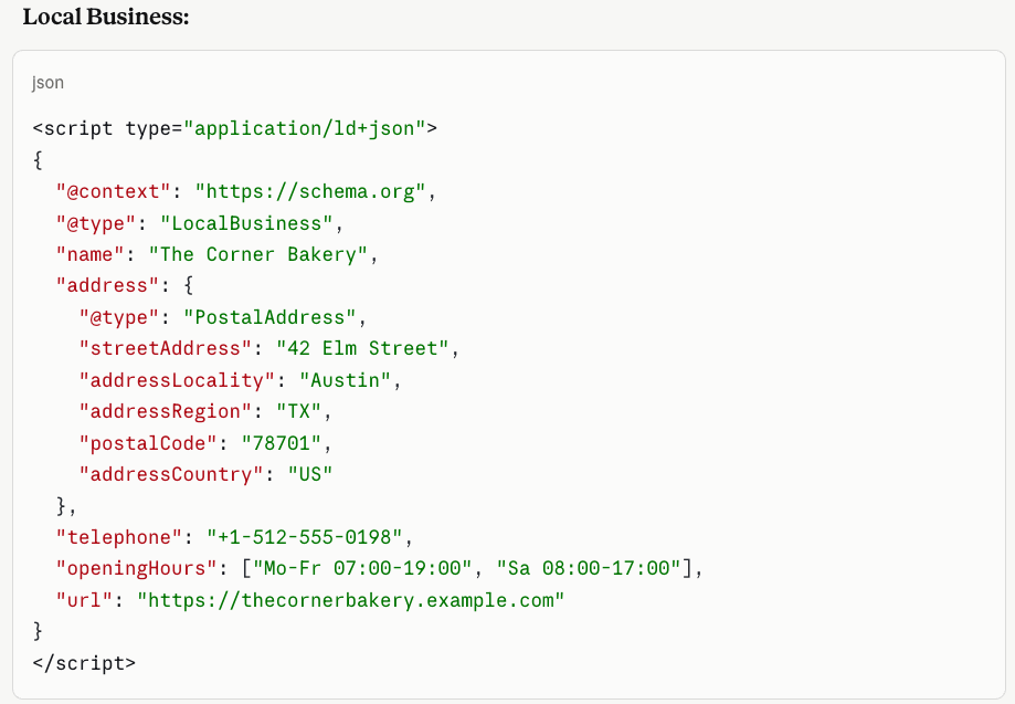 LocalBusiness için JSON-LD içinde adres ve geo koordinatlarının tanımlanması.
